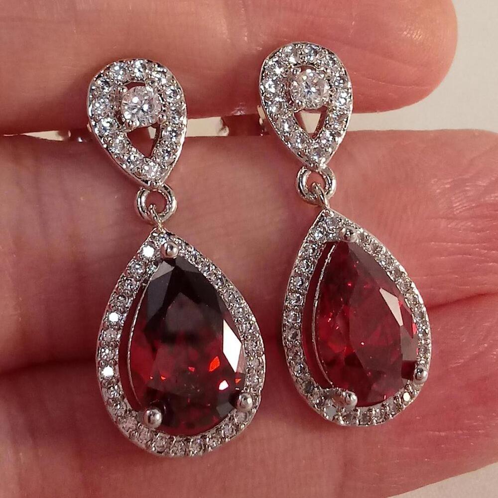 18K White Gold Filled Flower Ruby Red Diamond Zircon Drop Dangle Earrings
